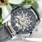 Luxury Men's Silver Black Leather Mechanical Automatic Self Wind Watch Gift NEW