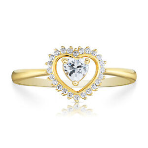 14K Real Solid Yellow Gold Heart Halo CZ Ring Dainty Minimal Band Cocktail Ring