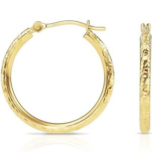14K Real Solid Gold Hand Engraved Diamond-Cut Creole Hoops Earrings All Sizes