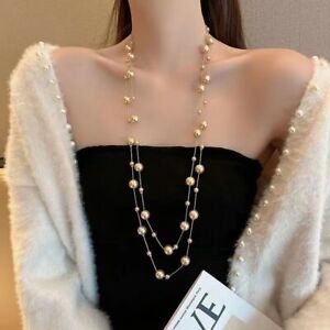 Woman 18k Gold Plated Pearl Tassel Charm Chain Necklace Super Long  66 ''