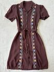 Vintage 1930s Brown Rayon Rainbow Embroidered Floral Short Sleeve Day Dress