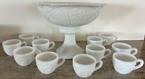 Vintage McKee Thatcher White Milk Glass Punch Bowl w/ Pedestal & 11 Cups Set