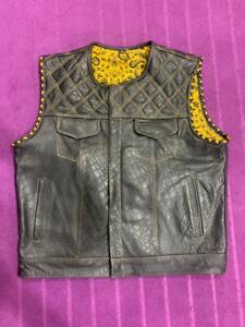 Men's Black Crocodile Leather Vest Paisley Lining Motorbike Concealed Waistcoat