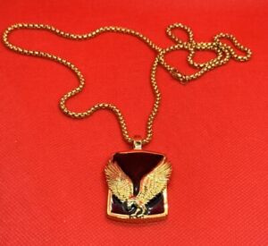 Gold Tone Eagle Bird Black Enamel Pendant Necklace 28” Pendant Included