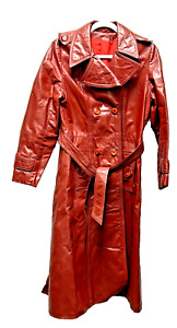 VTG Long Trench Coat Jacket Women’s Red Leather Belted Rock Retro Mod 70/80s XXS