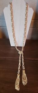 Women’s Lariat Rope Necklace Or Belt Tassels Gold Tone 60” Long Fancy Link