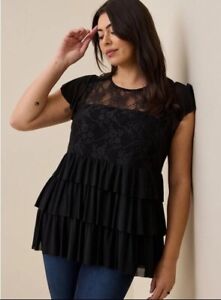 Torrid Black Blouse Plus Size 2 Stretch Mesh Lace Tiered Babydoll Top