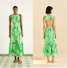 Farm Rio Dewdrop Floral Green Midi Cut Out Back Dress L $235 NWT