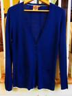 EXC Tory Burch Navy Blue Cream 100% Cashmere Vneck Cardigan Tipped Sweater L