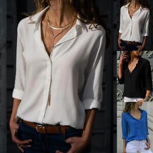 Womens Ladies OL Shirt Long Sleeve Work Office Tops Casual Button Down Blouse US