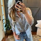 L New Bohemian Grey Lace 3/4 Sleeve Mock Neck Top Blouse Shirt Womens Size LARGE