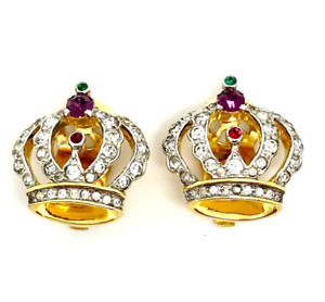 Signed Mazer Elizabeth II Coronation Crown Earrings 1953 Jomaz Vintage Rare
