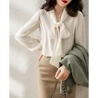 Korean Spring Women Slim Chiffon Shirt Solid Color Bow Collar Lantern Sleeve Top