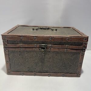 Hinged Wood Box Old Hand Carved Wooden Trunk Velvet Inside Leather Trim