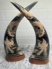 PAIR OF LONG WATER BUFFALO HORNS CARVED WITH DRAGON & PHOENIX~FENG SHUI