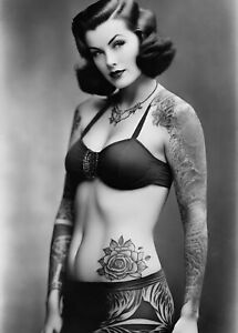 Vintage Tattoo Photo Woman Black And White Picture Antique Style Wall art V1