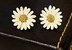 Vintage 70s Daisy Flower Earrings White Enamel Gold Tone Center Pierced 1/2