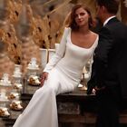 Long Sleeve Square Neck Backless Satin Train Bridal Gown Wedding Dress