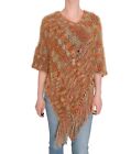 Orange knit poncho shawl wrap fringe beige brown cable knit boho