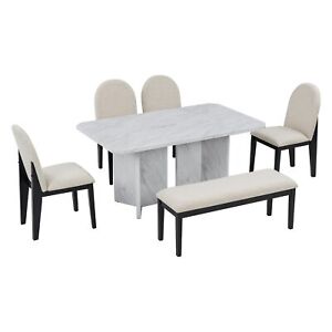 6-Piece Dining Set with Faux Marble Table and 4 Chairs and 1