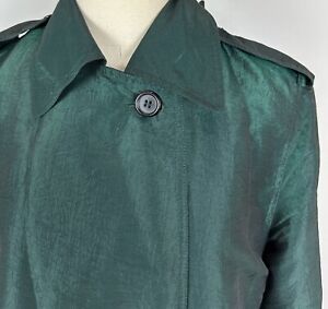 Vintage 80s 90s Iridescent Forest Green Trench Coat S / M Midi Double Breasted