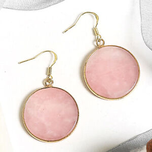 Rose Quartz Women Round Shape Natural Stone Healing Reiki Dangles Pink Earrings