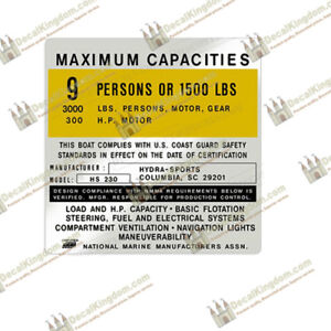 Hydra Sports Capacity Plate Decals Boat Maximum Occupancy [Multiple Variations]