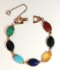 Scarab Bracelet Vintage Gold Tone Metal 60s Glass Cabochon Link Colorful 1960s