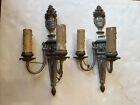 2 Antique Cast Metal Electric Double Light Wall Sconces Urn Flowers SEE DETAILS