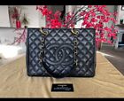 CHANEL Quilted Matelasse Caviar Gold  Chain GST Grand Shopping Tote Bag Black