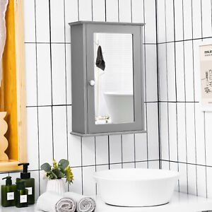 Single Mirror Door Cupboard Storage Bathroom Wall Cabinet Wood Shelf Grey