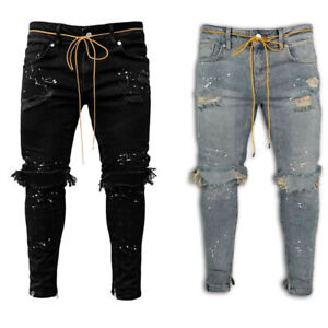Casual Mens Ripped Distressed Skinny Jeans Denim Pants Stretch Slim Fit Trousers