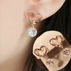 Fashion Gold Plated Heart Zircon Earrings Drop Dangle Ear Stud Women Jewelry