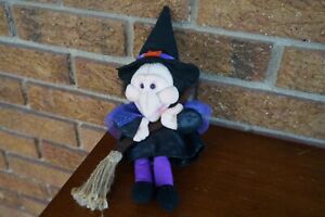 New ListingPLUSH Halloween KIDS of America Vintage WITCH with BROOM Decor Doll Black Purple