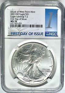 2021(W) American Silver Eagle type 2 FDOI NGC MS70 silver coin .999 fine silver