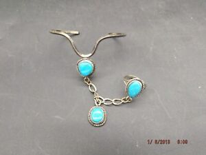 Vintage Old Pawn Turquoise & Sterling Slave Bracelet ring Southwestern American