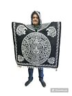 MEXICAN PONCHO WITH HOOD , CALENDARIO AZTECA , ONE SIZE , BLACK & WHITE