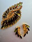 Vtg 1940's Yellow Rhinestone & Green Brooch Match Clip Earrings Wow PERFECT Cond