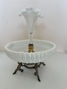 Antique White Opalescent Hobnail Henry Turin Glass Epergne Bowl Cherub Base