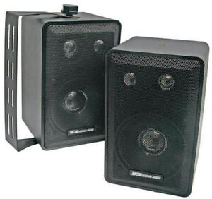 NEW Outdoor Indoor Speakers.Pair.Black.w/ wall mounts.Home Audio Commercial.