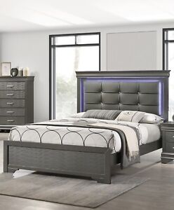 Queen Size Bed w LED Grey Faux Leather Tufted HB Texture FB Bedroom 1pc Bed Set