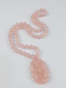 Vintage Pink Rose Quartz Beaded Chinese Carved Pendant Necklace 26