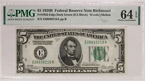 New Listing1928B PMG 64EPQ $5 Federal Reserve Note Richmond FR#1952-Edgs  Item#P17880