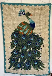 Beautiful Petit Point Vintage Tapestry Wall Hanging Proud Peacock 23” X 35”