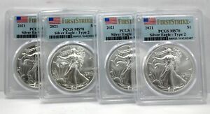 Lot of 4, 2021 Type 2 American Silver Eagles, PCGS First Strike Graded MS70 !!