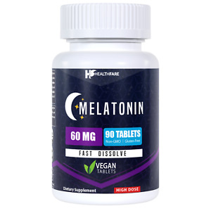 Healthfare Melatonin 60mg | 90 Tab Ultra Strength Fast Dissolve Vegan Formula