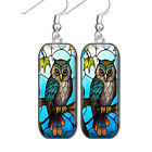 Night Owl Earrings Bird Lover Gift Faux Stained Glass Art Print Sterling Wires