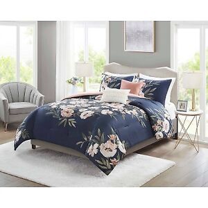 5pc Full/Queen Leilani Floral Print Comforter Bedding Set - Navy/Blush