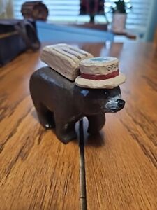 Vtg Hand Carved Wooden Bear With Backpack And Hat. Made In 2004. 3.5
