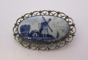 Vintage Sterling Silver Porcelain Cabochon Windmill Brooch GBS 925